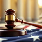 A judge's gavel resting on an American flag outside a courthouse