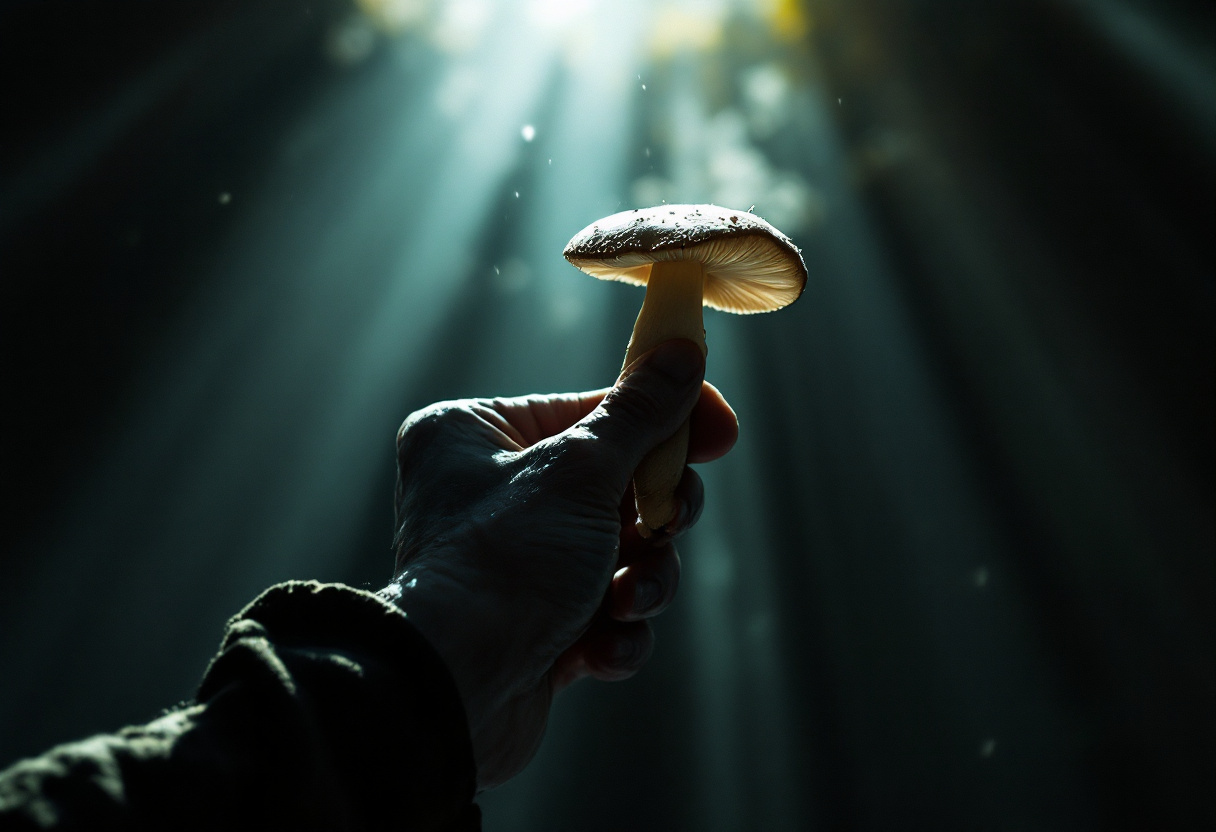 A hand holding a mushroom up to the light